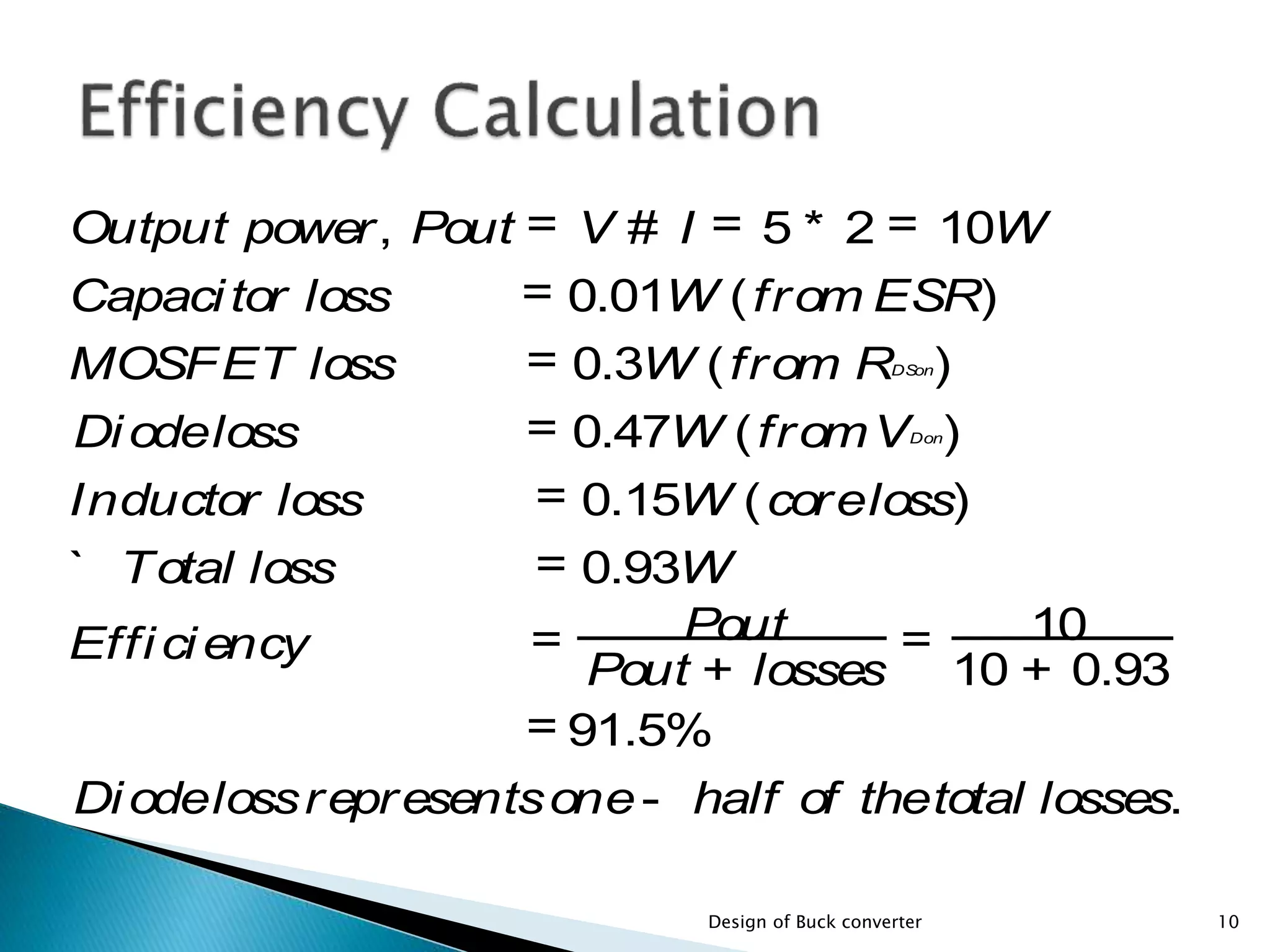 Output power, Pout = V # I = 5 * 2 = 10W
Capacitor loss = 0.01W (from ESR)
MOSFET loss = 0.3W (from RDSon)
Diodeloss = 0.47W (fromVDon)
Inductor loss = 0.15W (coreloss)
` Total loss = 0.93W
Efficiency =
Pout + losses
Pout =
10 + 0.93
10
= 91.5%
Diodelossrepresentsone- half of thetotal losses.
10Design of Buck converter
 