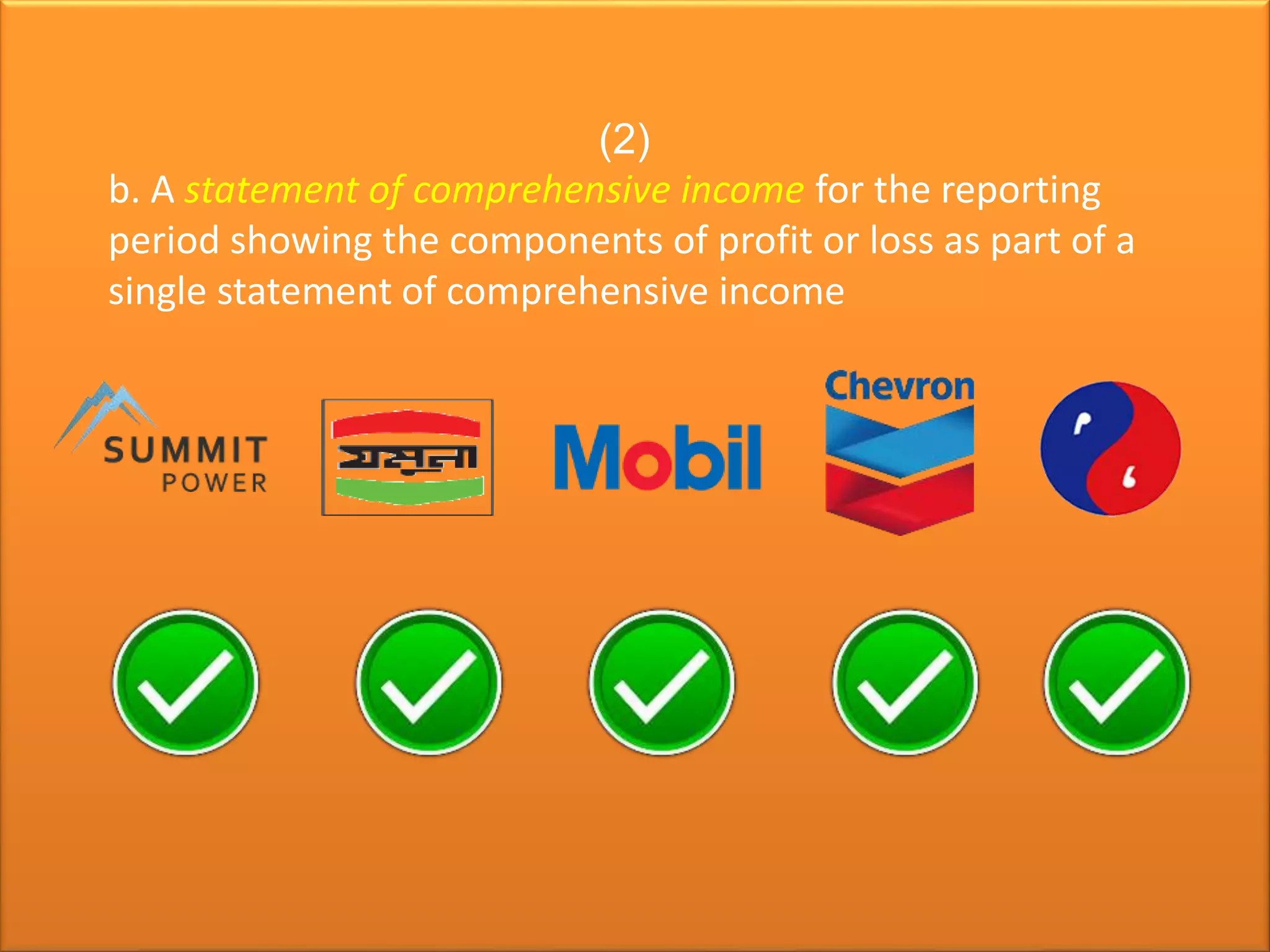 (2)
b. A statement of comprehensive income for the reporting
period showing the components of profit or loss as part of a
single statement of comprehensive income
 