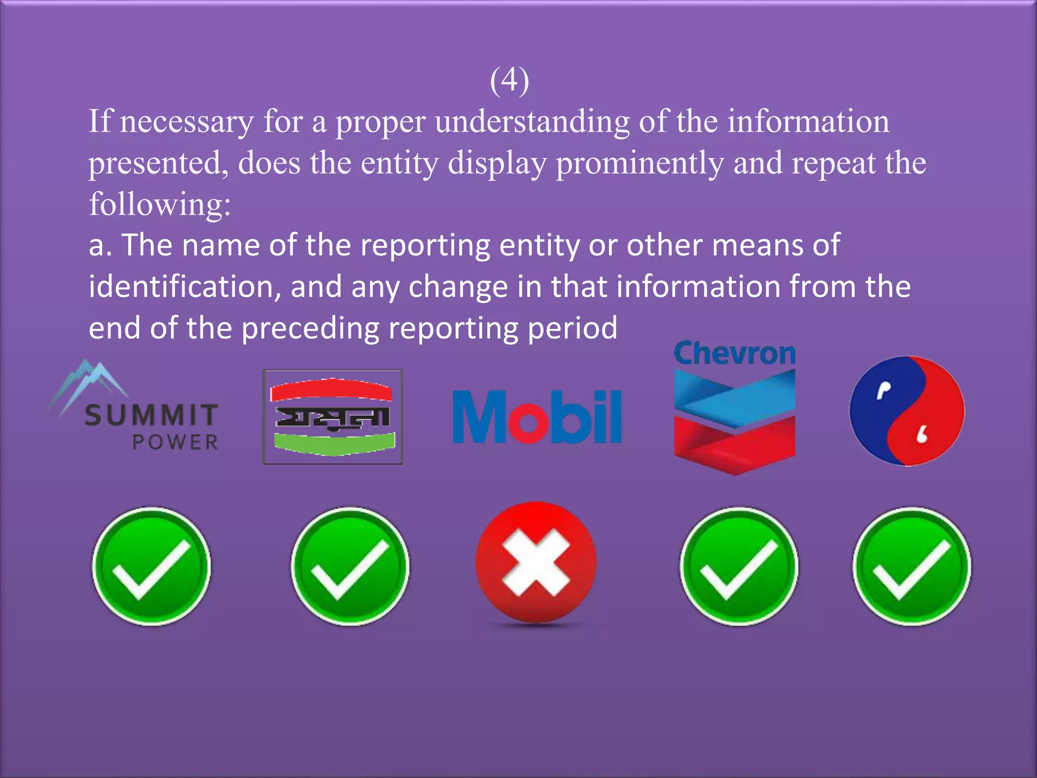 (4)
If necessary for a proper understanding of the information
presented, does the entity display prominently and repeat the
following:
a. The name of the reporting entity or other means of
identification, and any change in that information from the
end of the preceding reporting period
 