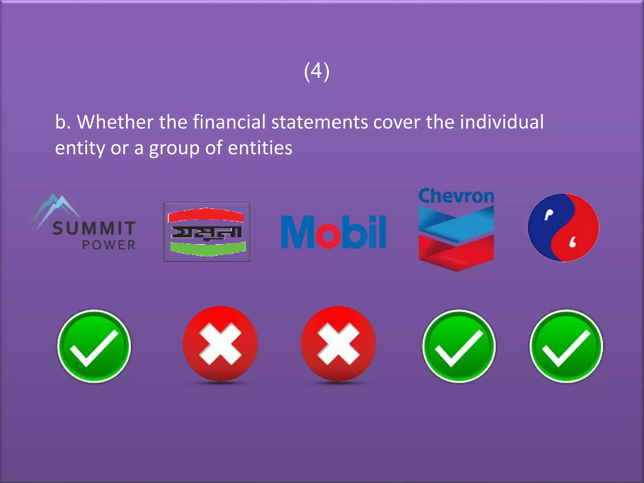 (4)
b. Whether the financial statements cover the individual
entity or a group of entities
 