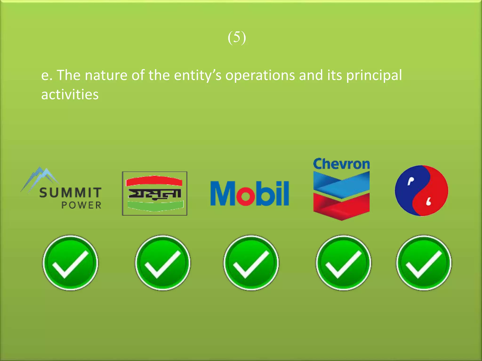 (5)
e. The nature of the entity’s operations and its principal
activities
 