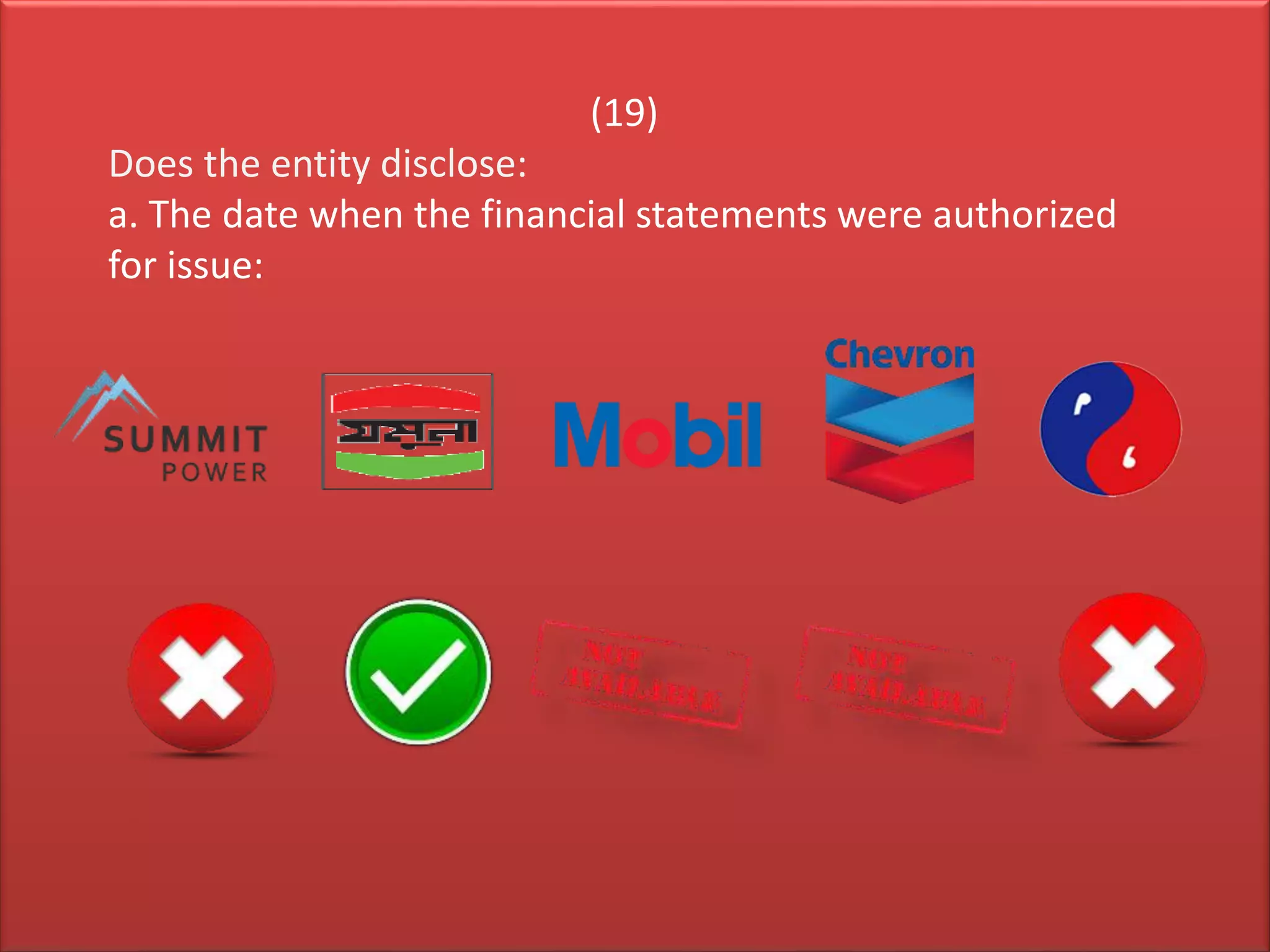 (19)
Does the entity disclose:
a. The date when the financial statements were authorized
for issue:
 
