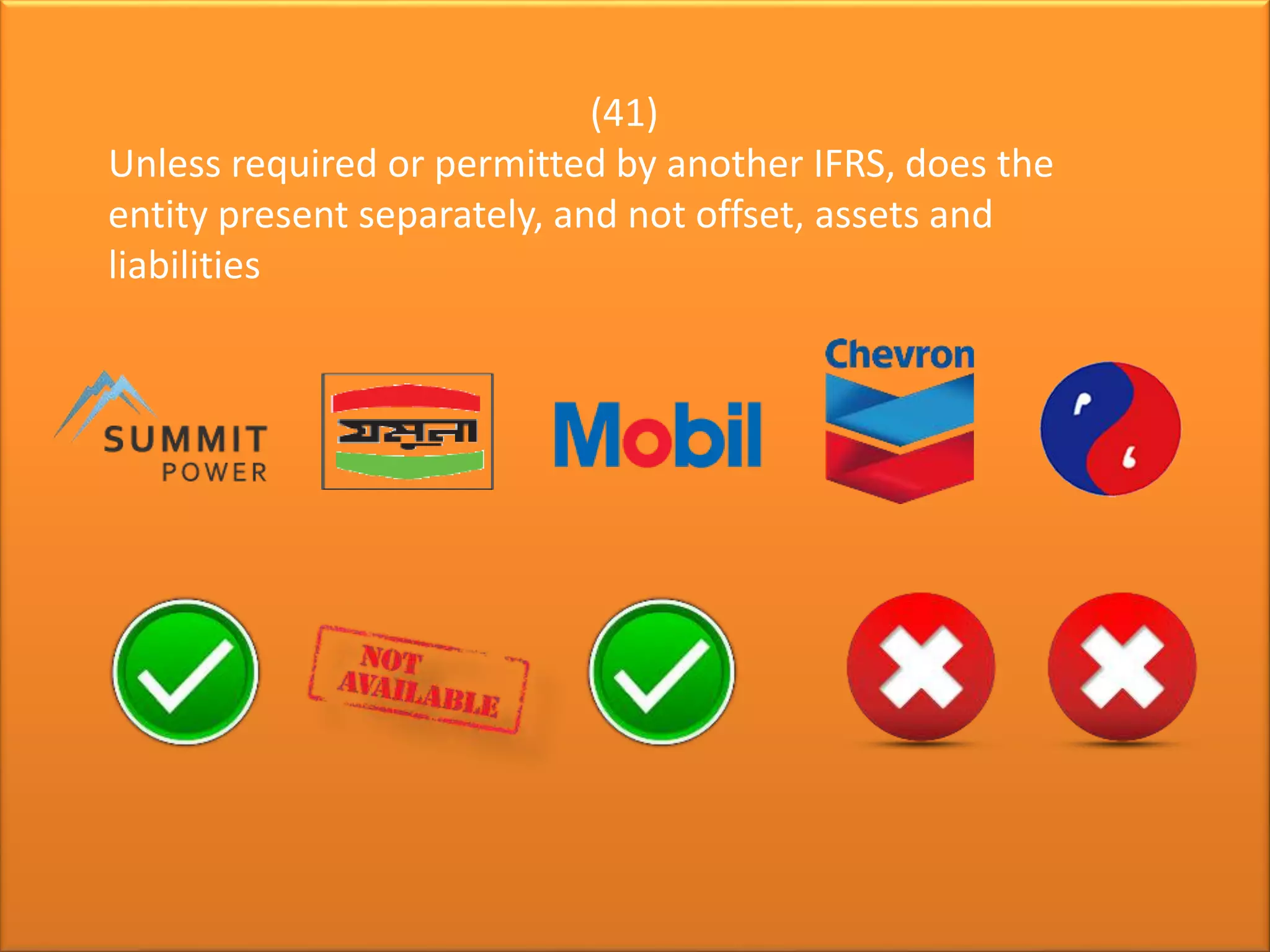 (41)
Unless required or permitted by another IFRS, does the
entity present separately, and not offset, assets and
liabilities
 