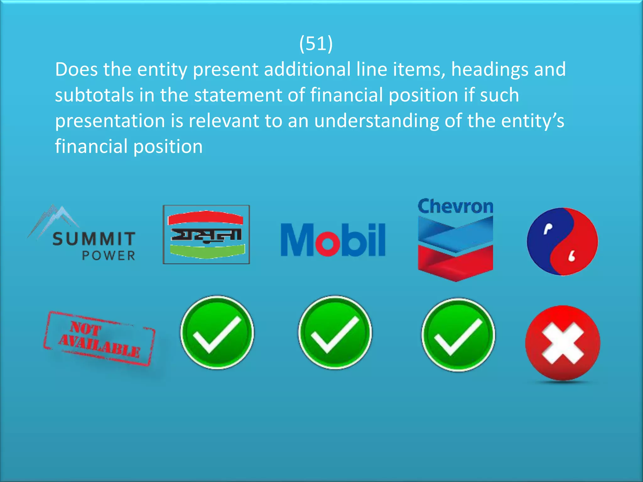 (51)
Does the entity present additional line items, headings and
subtotals in the statement of financial position if such
presentation is relevant to an understanding of the entity’s
financial position
 
