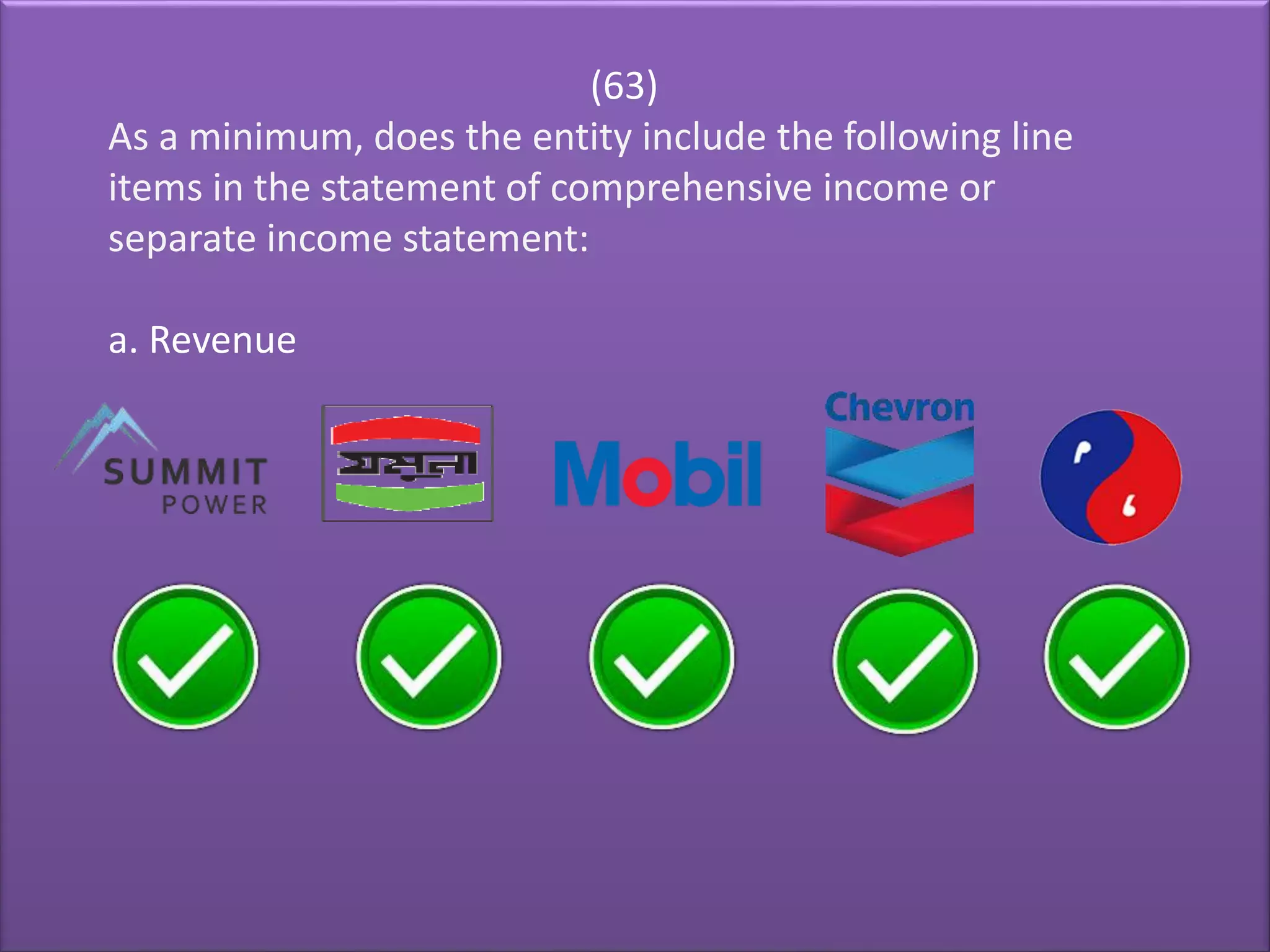 (63)
As a minimum, does the entity include the following line
items in the statement of comprehensive income or
separate income statement:
a. Revenue
 