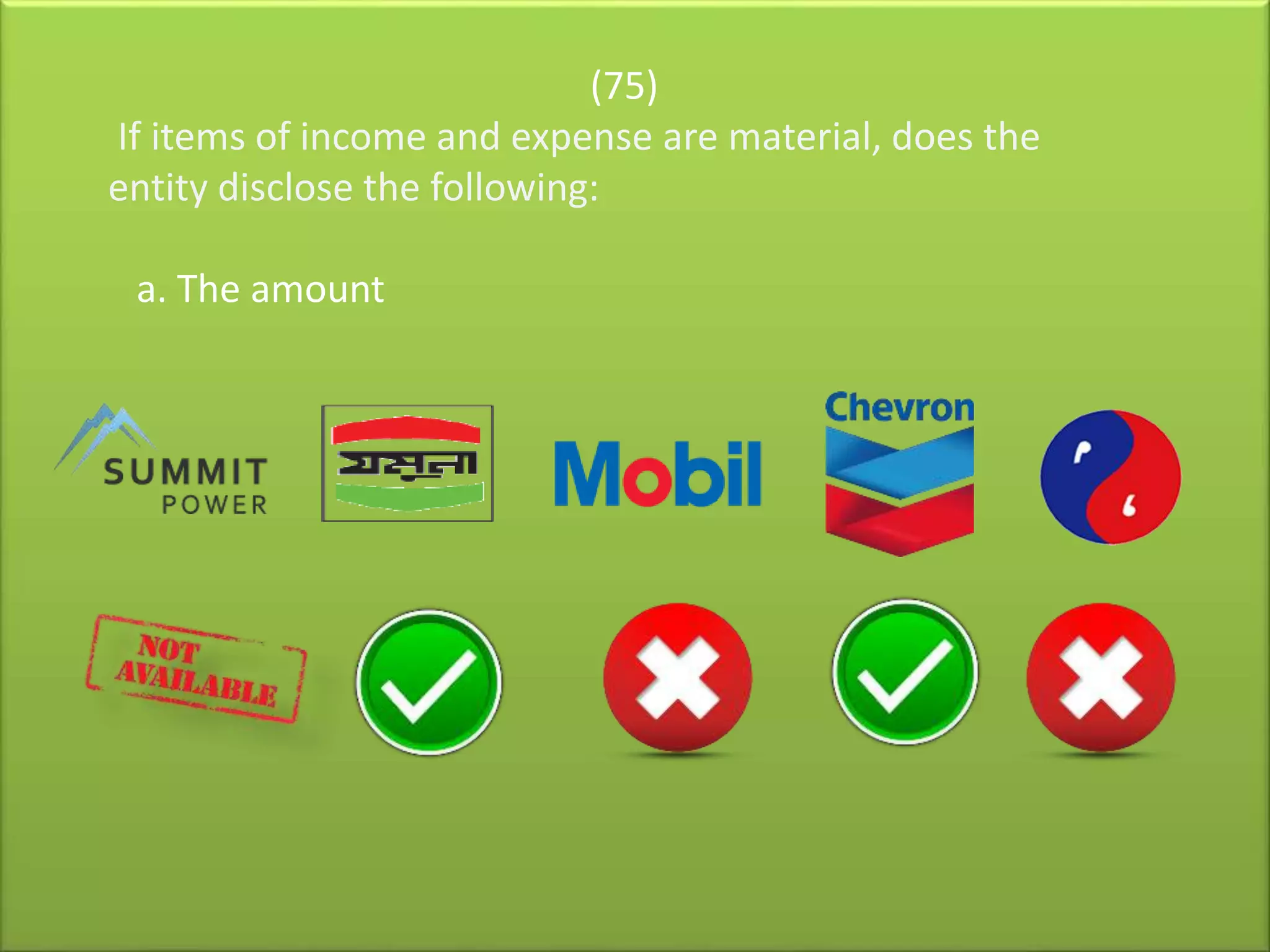 (75)
If items of income and expense are material, does the
entity disclose the following:
a. The amount
 