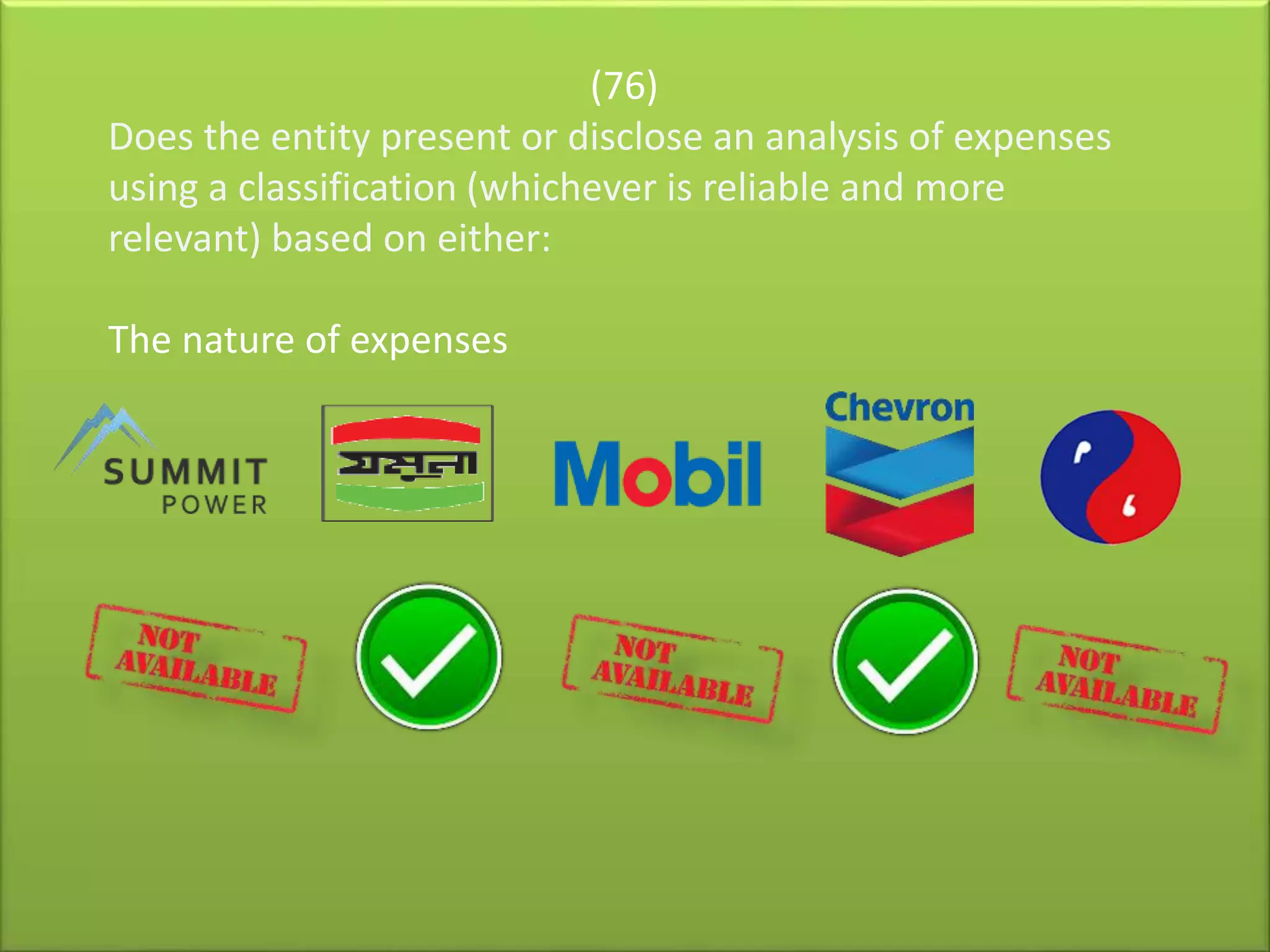 (76)
Does the entity present or disclose an analysis of expenses
using a classification (whichever is reliable and more
relevant) based on either:
The nature of expenses
 