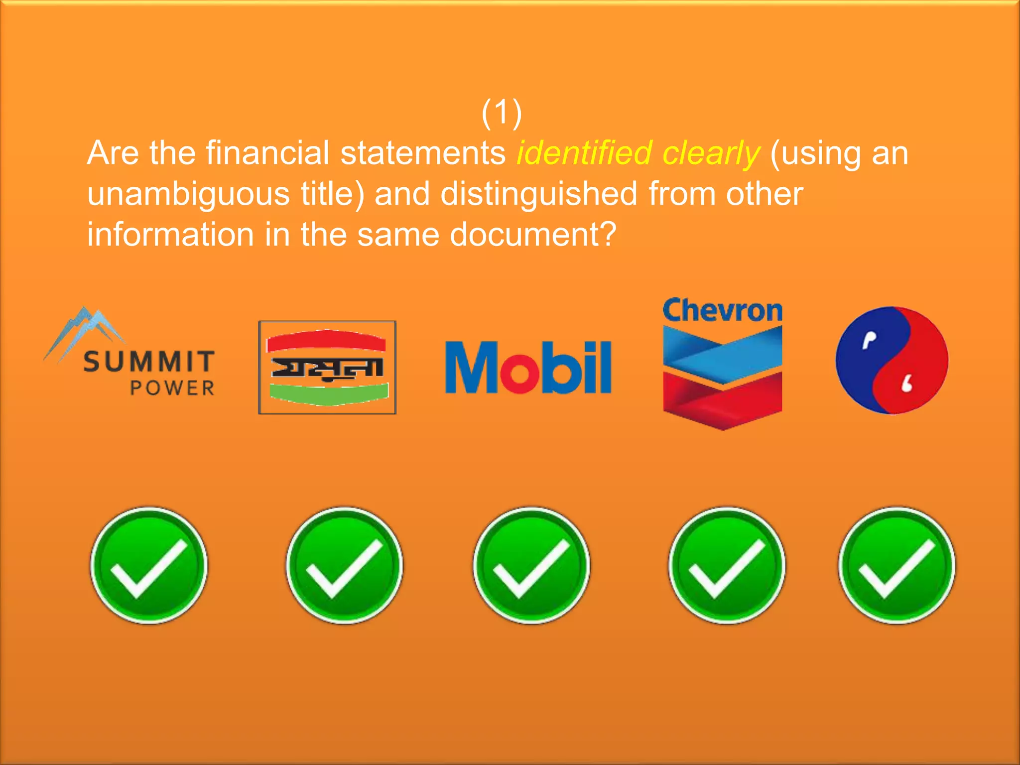 (1)
Are the financial statements identified clearly (using an
unambiguous title) and distinguished from other
information in the same document?
 