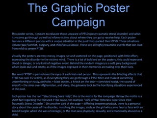 The Graphic Poster
Campaign
This poster series, is meant to educate those unaware of PTSD (post traumatic stress disorder) and what
its victims go through as well as inform victims about where they can go to receive help. Each poster
features a different person with a unique situation in the past that sparked their PTSD. These situations
include War/Conflict, Burglary, and child/sexual abuse. These are all highly traumatic events that can lead
from mild to severe PTSD.
Visually the posters are very messy, images cut and scattered on the page, positioned with little effort,
expressing the disorder in the victims mind. There is a lot of bold red on the posters, this could represent
blood or danger, or any kind of negative event. Behind the random imagery is a soft grey background
which looks dull and empty, as if the images engraved in their memories are taking over their lives.
The word ‘PTSD’ is pasted over the eyes of each featured person. This represents the blinding effects that
PTSD has over its victims, as if everything they see go through a PTSD filter and make it something
uncomforting or nasty, potholes = blast craters, a knock on the door = convicted rapist, the sound of
aircraft = the skies over Afghanistan, and sleep, the gateway back to the horrifying situations experienced
in the past.
Each poster has the text “Stay Strong Seek Help”, this is the motto for the campaign. Below the motto is a
short fact regarding the featured PTSD cause, for example “30% of War Veterans Experience Post
Traumatic Stress Disorder”. On another part of the page – differing between product, there is a personal
story about the cause of the disorder, matching the images, such as the girl who came face to face with an
armed burglar when she was a teenager, or the man was physically, sexually, and emotionally abused as a
child.
 