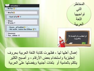 ‫المخاطر‬
‫التي‬
‫تواجهها‬
‫اللغة‬
‫العربية‬
‫بحروف‬ ‫العربية‬ ‫اللغة‬ ‫كتابة‬ ‫فظهرت‬ ، ‫لها‬ ‫أهلها‬ ‫إهمال‬
‫الكثير‬ ‫أصبح‬ ‫و‬ ، ‫األرقام‬ ‫بعض‬ ‫واستخدام‬ ‫إنجليزية‬
‫الع‬ ‫على‬ ‫ويفضلها‬ ‫أجنبية‬ ‫بلغات‬ ‫أو‬ ‫بالعامية‬ ‫يتكلم‬‫ربية‬
 