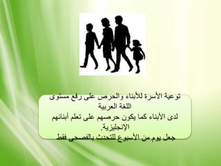 ‫مستوى‬ ‫رفع‬ ‫على‬ ‫والحرص‬ ‫لألبناء‬ ‫األسرة‬ ‫توعية‬
‫العربية‬ ‫اللغة‬
‫أبنائهم‬ ‫تعلم‬ ‫على‬ ‫حرصهم‬ ‫يكون‬ ‫كما‬ ‫األبناء‬ ‫لدى‬
‫اإلنجليزية‬.
‫فقط‬ ‫بالفصحى‬ ‫للتحدث‬ ‫األسبوع‬ ‫من‬ ‫يوم‬ ‫جعل‬
 