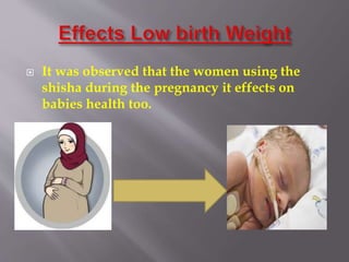  It was observed that the women using the
shisha during the pregnancy it effects on
babies health too.