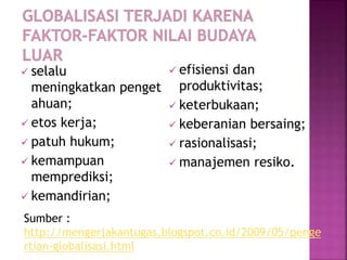  selalu
meningkatkan penget
ahuan;
 etos kerja;
 patuh hukum;
 kemampuan
memprediksi;
 kemandirian;
 efisiensi dan
produktivitas;
 keterbukaan;
 keberanian bersaing;
 rasionalisasi;
 manajemen resiko.
Sumber :
http://mengerjakantugas.blogspot.co.id/2009/05/penge
rtian-globalisasi.html
 