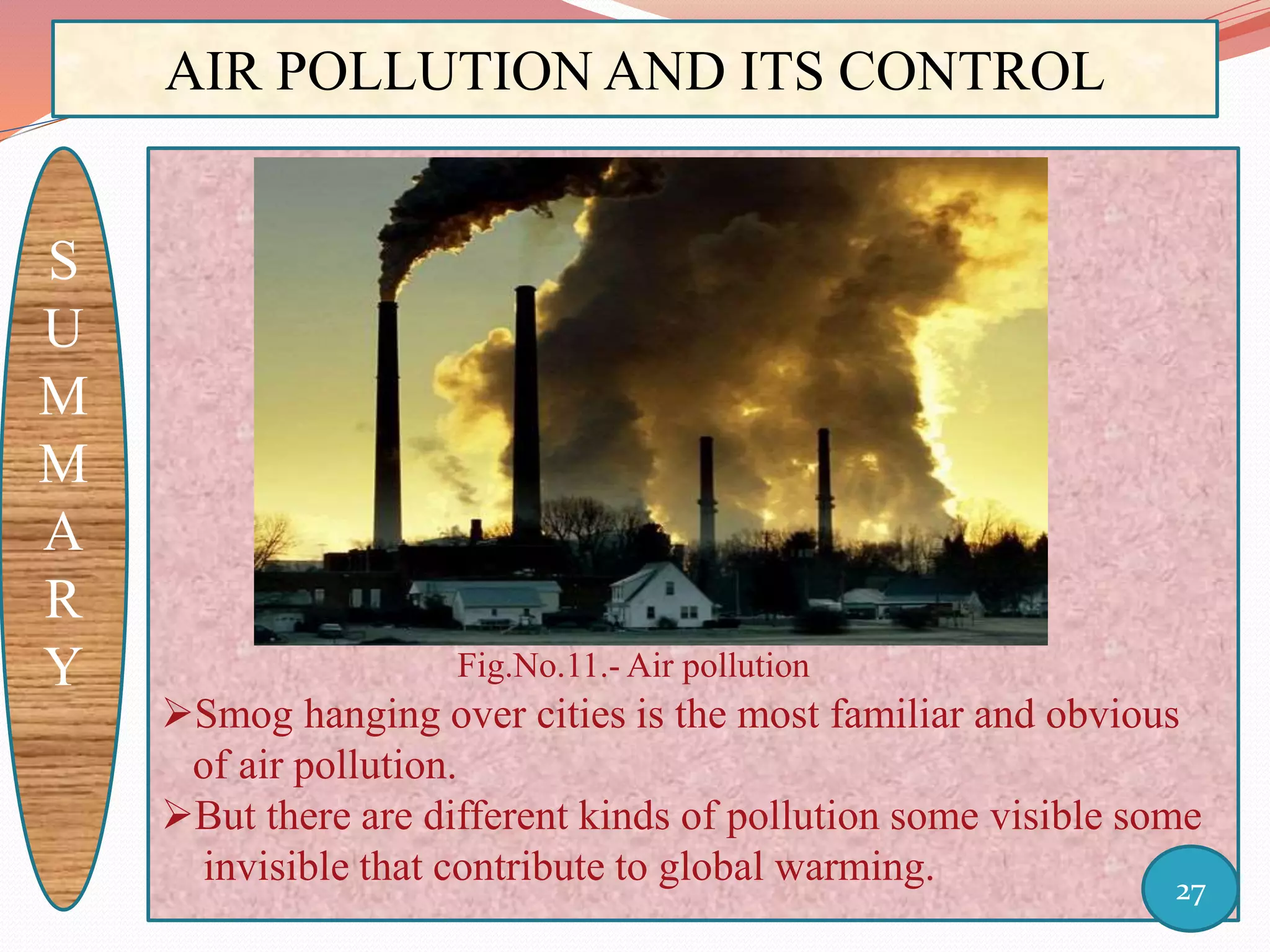 AIR POLLUTION AND ITS CONTROL
S
U
M
M
A
R
Y Fig.No.11.- Air pollution
Smog hanging over cities is the most familiar and obvious
of air pollution.
But there are different kinds of pollution some visible some
invisible that contribute to global warming. 27
 