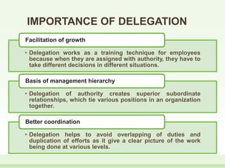 • Delegation works as a training technique for employees
because when they are assigned with authority, they have to
take different decisions in different situations.
Facilitation of growth
• Delegation of authority creates superior subordinate
relationships, which tie various positions in an organization
together.
Basis of management hierarchy
• Delegation helps to avoid overlapping of duties and
duplication of efforts as it give a clear picture of the work
being done at various levels.
Better coordination
IMPORTANCE OF DELEGATION
 