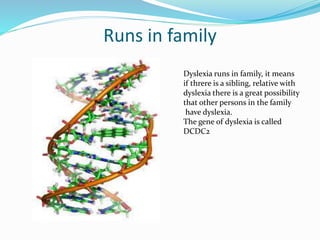 Runs in family
Dyslexia runs in family, it means
if threre is a sibling, relative with
dyslexia there is a great possibility
that other persons in the family
have dyslexia.
The gene of dyslexia is called
DCDC2
 