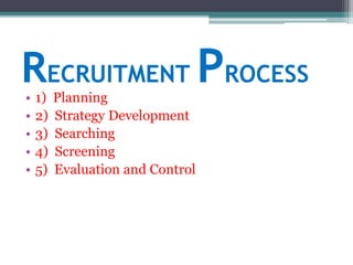 RECRUITMENT PROCESS
• 1) Planning
• 2) Strategy Development
• 3) Searching
• 4) Screening
• 5) Evaluation and Control
 