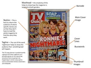 Main Cover
Image
Thumbnail
Images
Barcode
Masthead – the simplicity of this
helps to show how the magazine is
targeted at both genders
Tagline – The use of the word
‘nightmare’ helps to show the
audience that something bad
will happen.
Buzzwords
Skyline – This is
here to inform the
audience of where
specific stories are
so that they don’t
have to read the
whole magazine to
find the story they
want.
Cover
Lines
The TV soap planner is predominantly
a gossip and news magazine as it
provides gossip on the upcoming
storylines that are going to be
happening in certain soap operas
such as Coronation Street, Eastenders
and Hollyoaks
 