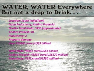 Location: South India(Tamil
Nadu,Puducherry, Andhra Pradesh)
Deaths Tamil Nadu: ~456 (approximate)
Andhra Pradesh: 81
Puducherry: 2
Property damage
Over ?20000 crore (US$3 billion)
Tamil Nadu: ?8481 crore(US$1 billion)
Andhra Pradesh: ?3819 crore(US$570 million)
Puducherry: ?333 crore(US$50 million)
 