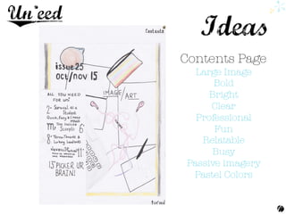 Large Image
Bold
Bright
Clear
Professional
Fun
Relatable 
Busy 
Passive imagery
Pastel Colors


Contents Page
 