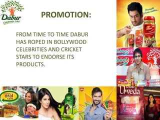 PROMOTION:
FROM TIME TO TIME DABUR
HAS ROPED IN BOLLYWOOD
CELEBRITIES AND CRICKET
STARS TO ENDORSE ITS
PRODUCTS.
 