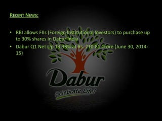 RECENT NEWS:
• RBI allows FIIs (Foreign Institutional Investors) to purchase up
to 30% shares in Dabur India
• Dabur Q1 Net Up 13.33% at Rs. 210.81 Crore (June 30, 2014-
15)
 