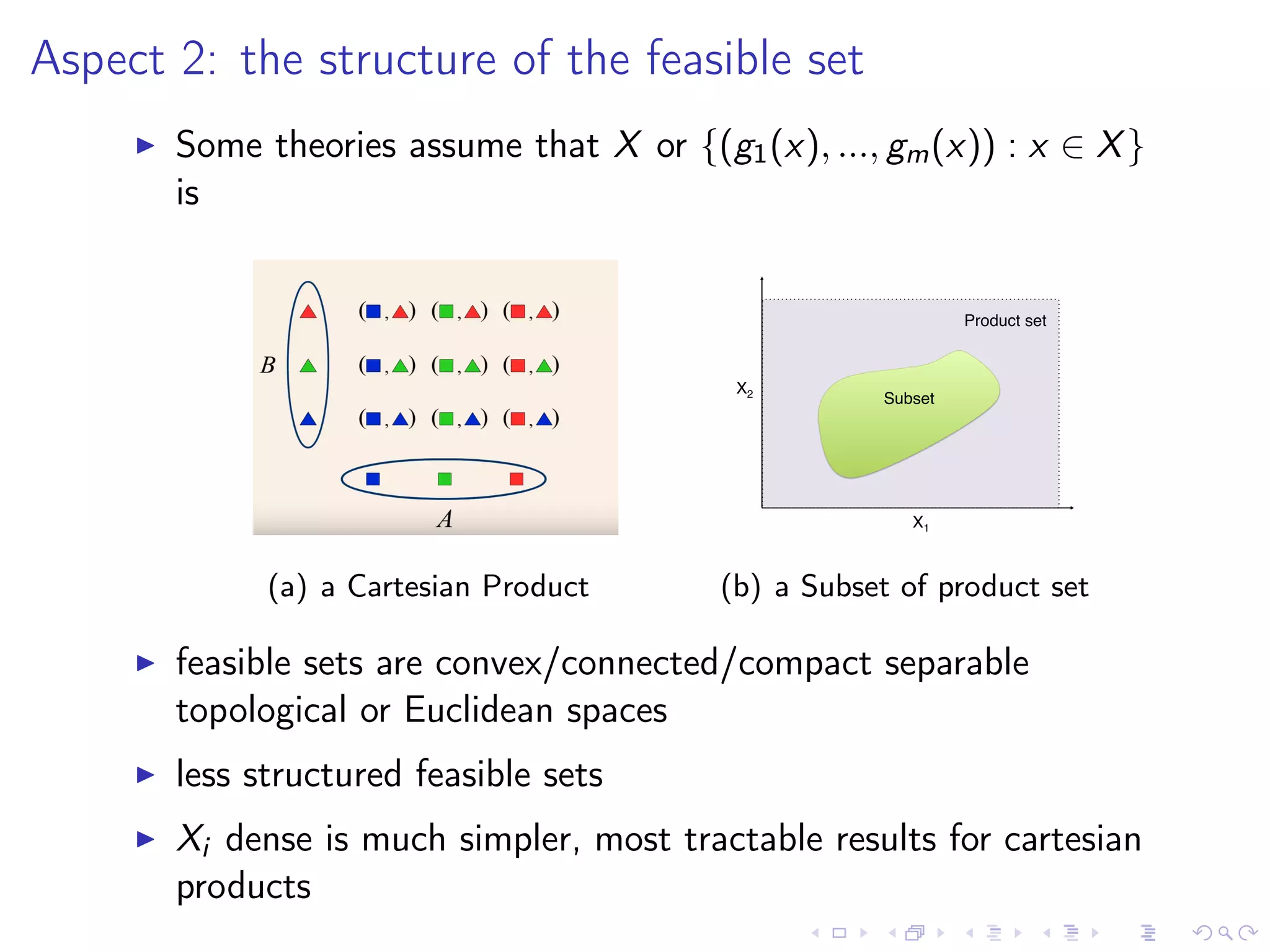 Aspect 2: the structure of the feasible set
Some theories assume that X or {(g1(x), ..., gm(x)) : x ∈ X}
is
(a) a Cartesian Product
X1!
X2!
Product set!
Subset!
(b) a Subset of product set
feasible sets are convex/connected/compact separable
topological or Euclidean spaces
less structured feasible sets
Xi dense is much simpler, most tractable results for cartesian
products
 