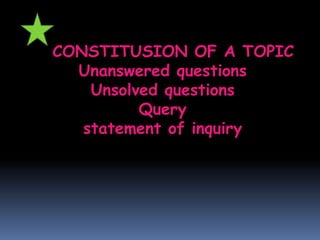 CONSTITUSION OF A TOPIC
Unanswered questions
Unsolved questions
Query
statement of inquiry
 