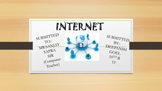 INTERNET
SUBMITTED
TO:-
MR.SANJAY
SAPRA
SIR
(Computer
Teacher)
SUBMITTED
BY:-
DEEPANSH
GOEL
10TH
B
15
 