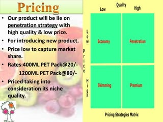 • Our product will be lie on
penetration strategy with
high quality & low price.
• For introducing new product.
• Price low to capture market
share.
• Rates:400ML PET Pack@20/-
1200ML PET Pack@80/-
• Priced taking into
consideration its niche
quality.
 
