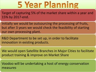 Target of capturing 5% of the market share within a year and
15% by 2017-end.
Initially we would be outsourcing the processing of fruits,
but after 3 years we would check the feasibility of starting
our own processing plant.
R&D Department to be set up, in order to facilitate
innovation in existing products.
We would open Satellite Branches in Major Cities to facilitate
product training & improve on Market Share.
Voodoo will be undertaking a host of energy conservation
measures.
 
