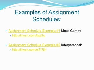 Examples of Assignment
Schedules:
• Assignment Schedule Example #1 Mass Comm:
• http://tinyurl.com/lbpjl7g
• Assignment Schedule Example #2 Interpersonal:
• http://tinyurl.com/m7r7jlh
 