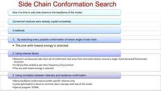 Side Chain Conformation Search
Now it is time to add side-chains to the backbone of the model.
Conserved residues were already copied completely.
3 methods:
• The one with lowest energy is selected.
1. By searching every possible conformation of torsion angle of side chain .
•Rotamers are favoured side chain set of conformers that arise from restricted rotation around a single bond extracted from known
structure.
•In library they ranked as per their frequency of occurrence.
•The one with lowest energy is selected.
2. Using rotamer library
•Many backbone conformations prefer specific rotames only.
•Lastly optimization is done to minimize steric overlaps with rest of the model
•Special program: SCWRL
3. Using correlation between rotamers and backbone confirmation.
 