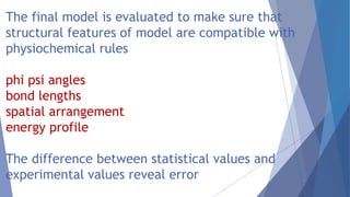 The final model is evaluated to make sure that
structural features of model are compatible with
physiochemical rules
phi psi angles
bond lengths
spatial arrangement
energy profile
The difference between statistical values and
experimental values reveal error
 