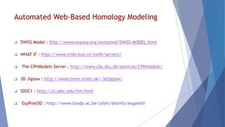 Automated Web-Based Homology Modeling
 SWISS Model : http://www.expasy.org/swissmod/SWISS-MODEL.html
 WHAT IF : http://www.cmbi.kun.nl/swift/servers/
 The CPHModels Server : http://www.cbs.dtu.dk/services/CPHmodels/
 3D Jigsaw : http://www.bmm.icnet.uk/~3djigsaw/
 SDSC1 : http://cl.sdsc.edu/hm.html
 EsyPred3D : http://www.fundp.ac.be/urbm/bioinfo/esypred/
 