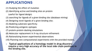 APPLICATIONS
(1) Studying the effect of mutation
(2) Identifying active and binding sites on protein
(useful for ligand design)
(3) searching for ligands of a given binding site (database mining)
(4) Designing novel ligands of a given binding site;
(5) Modeling substrate specificity
(6) Predicting antigenic epitopes
(7) protein-protein docking simulations
(8) Molecular replacement in X-ray structure refinement
(9) Rationalizing known experimental observations
(10) Planning new computational experiments with the provided models.
 Typical applications of a homology model in drug discovery
require a very high accuracy of the local side chain positions in
the binding site.
 