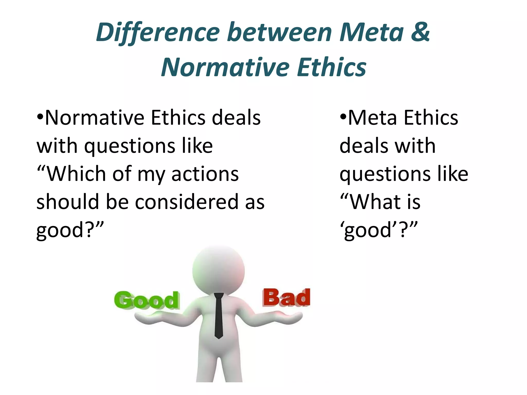 Difference between Meta &
Normative Ethics
•Normative Ethics deals
with questions like
“Which of my actions
should be considered as
good?”
•Meta Ethics
deals with
questions like
“What is
‘good’?”
 