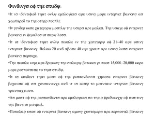 Findings of the study:
•It is identified that only employees are using more internet banking as
compared to the other people.
•In gender wise category mostly the users are males. The usage of internet
banking in females is very less.
•It is identifies that only people in the category of 21-40 are using
internet banking. Below 20 and above 40 age group are using less internet
banking service.
•The people who are drawing the salary between rupees 15,000-20,000 were
more responsive to this study.
•It is evident that most of the respondents choose internet banking
because of its convenience and it is easy to maintain internet banking
transactions.
•As most of the respondents are employees so their frequency of visiting
the bank is minimal.
•opular uses of internet banking among customers are personal banking
 