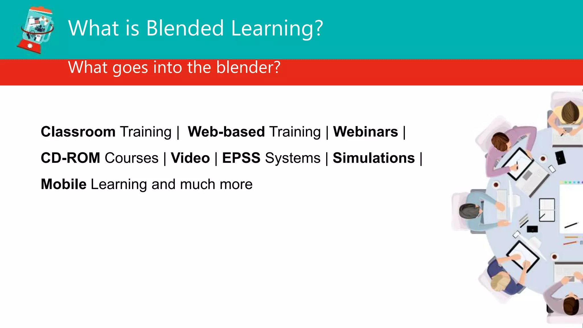 What is Blended Learning?
What goes into the blender?
Classroom Training | Web-based Training | Webinars |
CD-ROM Courses | Video | EPSS Systems | Simulations |
Mobile Learning and much more
 