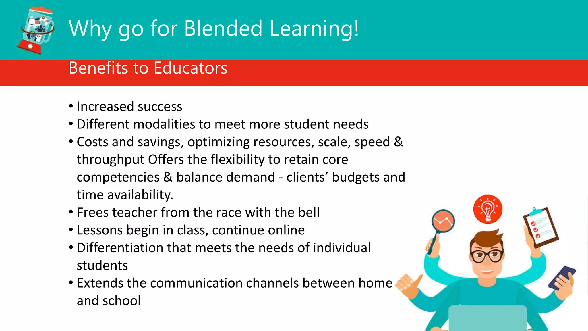 Why go for Blended Learning!
Benefits to Educators
• Increased success
• Different modalities to meet more student needs
• Costs and savings, optimizing resources, scale, speed &
throughput Offers the flexibility to retain core
competencies & balance demand - clients’ budgets and
time availability.
• Frees teacher from the race with the bell
• Lessons begin in class, continue online
• Differentiation that meets the needs of individual
students
• Extends the communication channels between home
and school
 