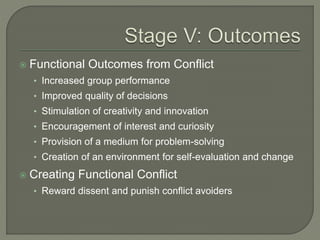  Functional Outcomes from Conflict
• Increased group performance
• Improved quality of decisions
• Stimulation of creativity and innovation
• Encouragement of interest and curiosity
• Provision of a medium for problem-solving
• Creation of an environment for self-evaluation and change
 Creating Functional Conflict
• Reward dissent and punish conflict avoiders
 