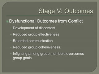 Dysfunctional Outcomes from Conflict
• Development of discontent
• Reduced group effectiveness
• Retarded communication
• Reduced group cohesiveness
• Infighting among group members overcomes
group goals
 