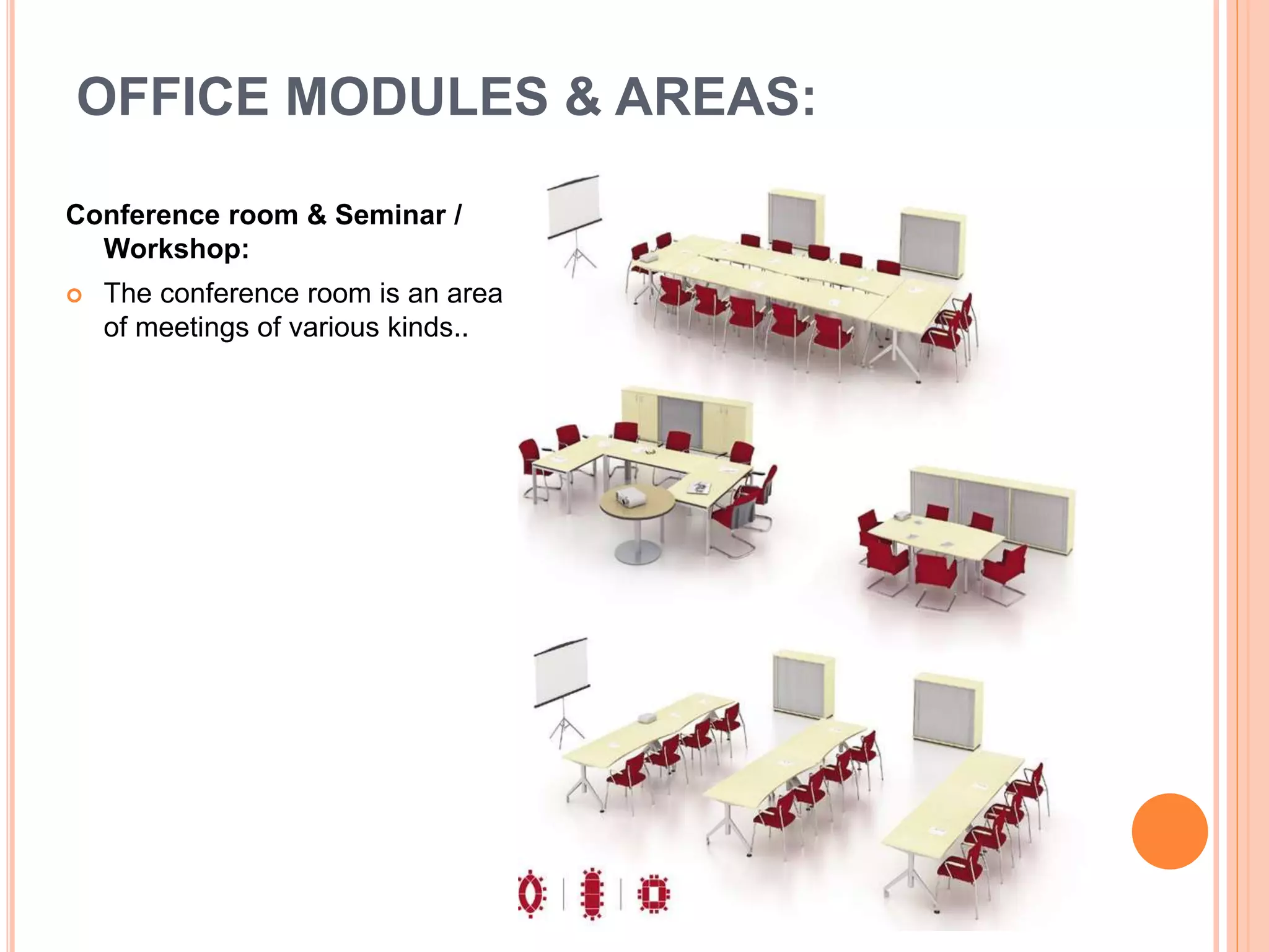 Conference room & Seminar /
Workshop:
 The conference room is an area
of meetings of various kinds..
OFFICE MODULES & AREAS:
 