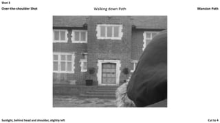 Shot 3
Over-the-shoulder Shot Walking down Path Mansion Path
Cut to 4Sunlight, behind head and shoulder, slightly left