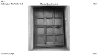 Shot 5
Medium/over-the-shoulder Shot Mansion Door Opening Stairs
Cut to 6Centre frame, sunlight