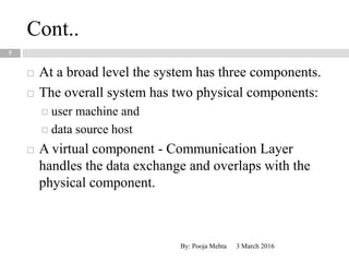 Cont..
3 March 2016By: Pooja Mehta
5
 At a broad level the system has three components.
 The overall system has two physical components:
 user machine and
 data source host
 A virtual component - Communication Layer
handles the data exchange and overlaps with the
physical component.
 