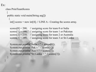 Ex:
class PrintTeamScores
{
public static void main(String arg[])
{
int[] scores = new int[4]; // LINE A - Creating the scores array.
scores[0] = 200; // assigning score for team 0 or India
scores[1] = 190; // assigning score for team 1 or Pakistan
scores[2] = 210; // assigning score for team 2 or Australia
scores[3] = 195; // assigning score for team 3 or Sri Lanka
System.out.println("India = " + scores[0]);
System.out.println("Pak = " + scores[1]);
System.out.println("Aus = " + scores[2]);
System.out.println("Sri Lanka = " + scores[3]);
}
}
 