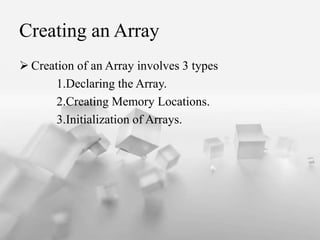 Creating an Array
? Creation of an Array involves 3 types
1.Declaring the Array.
2.Creating Memory Locations.
3.Initialization of Arrays.
 