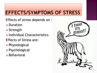 Effects of stress depends on :
 Duration
 Strength
 Individual Characteristics
Effects of Stress are:
 Physiological
 Psychological
 Behavioral
 