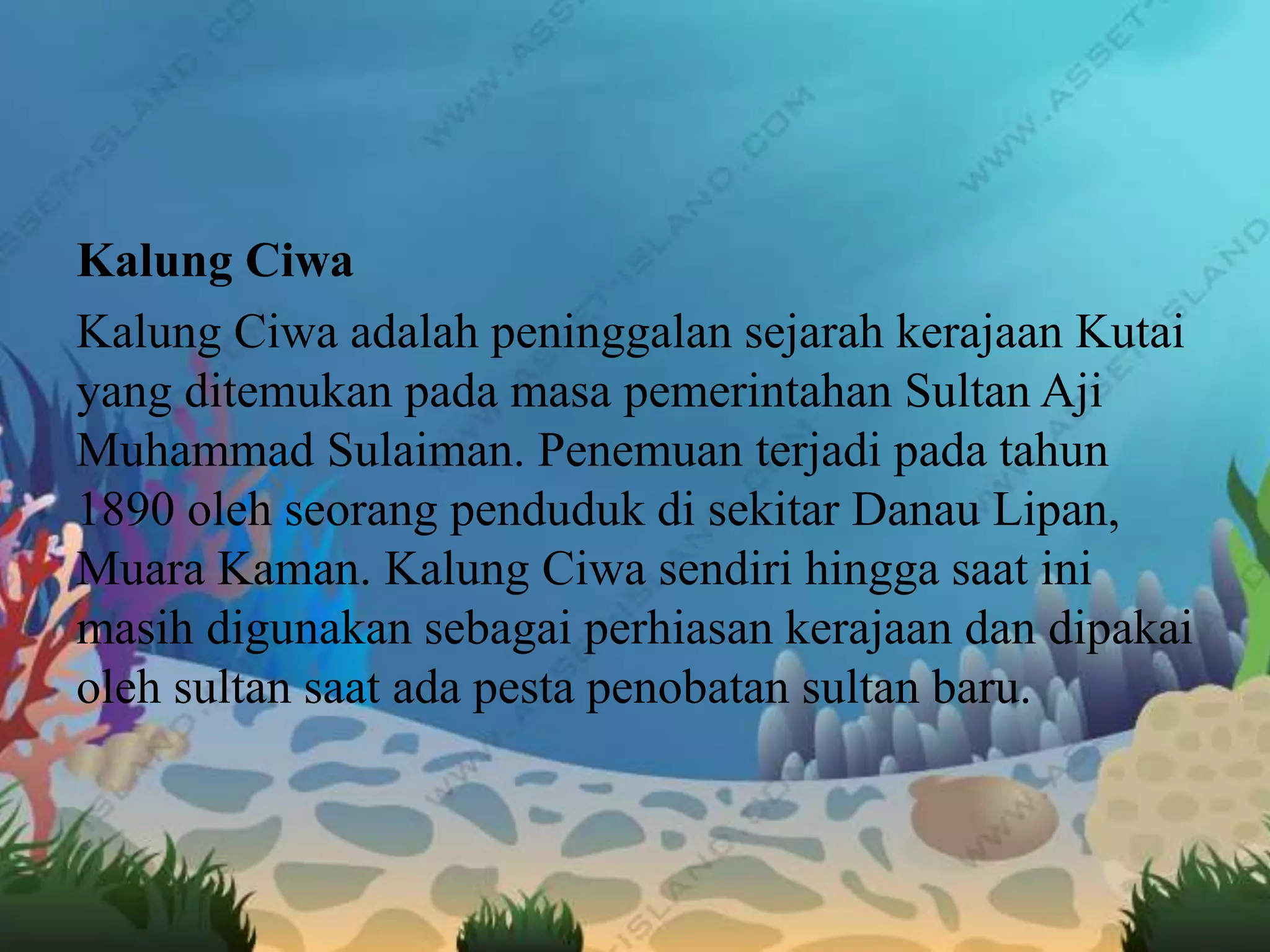 Kalung Ciwa
Kalung Ciwa adalah peninggalan sejarah kerajaan Kutai
yang ditemukan pada masa pemerintahan Sultan Aji
Muhammad Sulaiman. Penemuan terjadi pada tahun
1890 oleh seorang penduduk di sekitar Danau Lipan,
Muara Kaman. Kalung Ciwa sendiri hingga saat ini
masih digunakan sebagai perhiasan kerajaan dan dipakai
oleh sultan saat ada pesta penobatan sultan baru.
 
